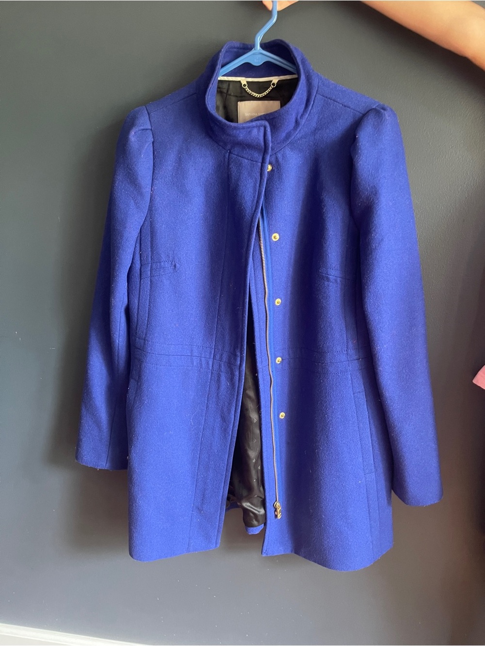 Womens Royal Blue Stand-Collar Wool Coat